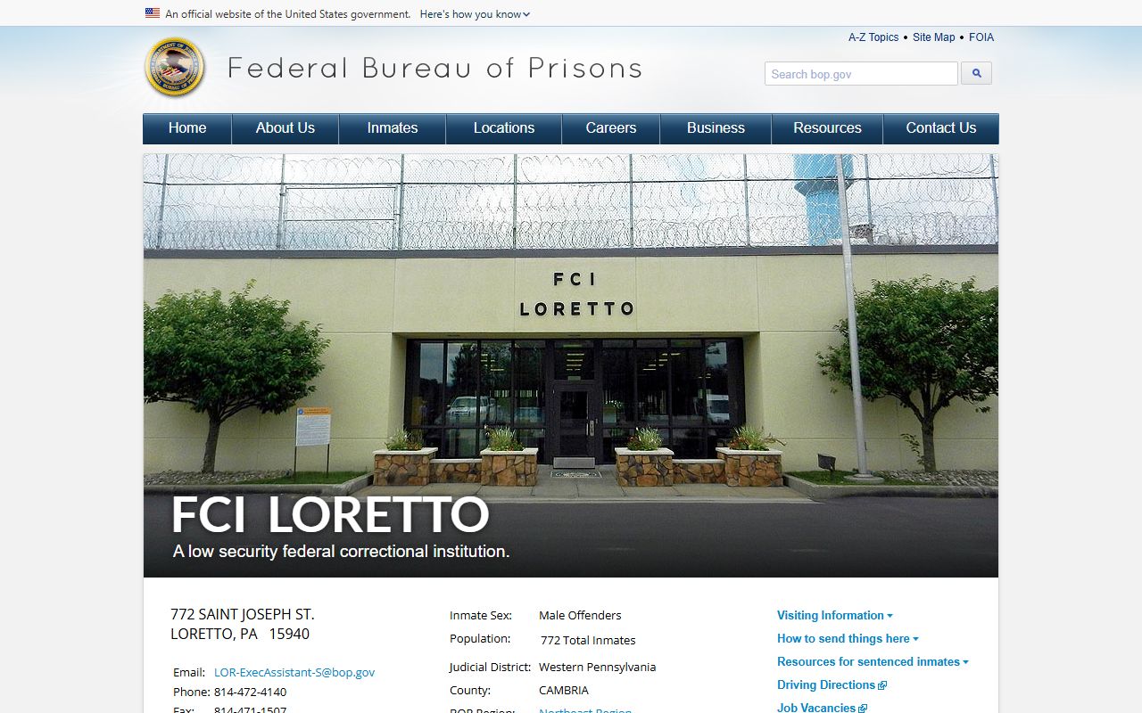 Federal Correctional Institution Loretto inmate locator and facility page