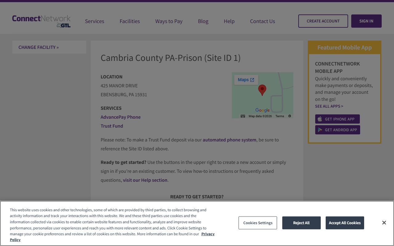 Cambria County Prison inmate phone and trust fund ConnectNetwork page
